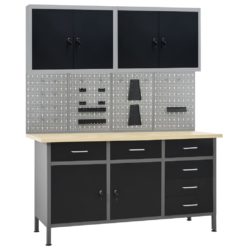 Black & Grey Large Work Bench with Wall Panels, 2 Cabinets, Cupboards & Drawers