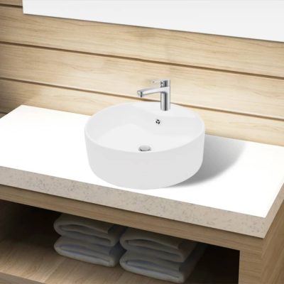 Round Bathroom Sink with Tap Hole & Overflow Hole - White or Black