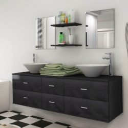 Wall Hung Large Double Vanity Unit with 2 Sinks, Shelves & Mirrors - Black or Light Oak