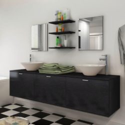 Large Wall Hung Double Bathroom Vanity Unit with Sinks, Mirrors & Shelves - Black or Beige