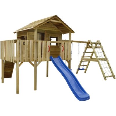 Large Children's Outdoor Playhouse with Climbing Net, Slide & Swings