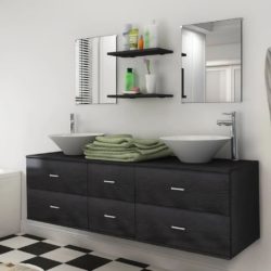 Wall Hung Large Double Vanity Unit with 2 Sinks, Taps, Shelves & Mirrors - Black or Light Oak