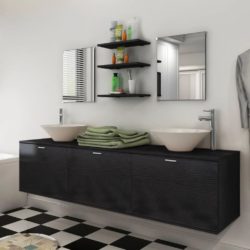Large Wall Hung Double Bathroom Vanity Unit with Sinks, Taps & Mirrors - Black or Light Oak