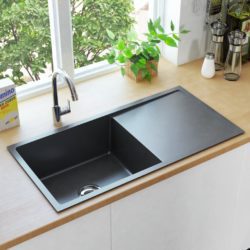 Modern Black Kitchen Sink with Draining Board in Stainless Steel