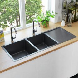 Modern Double Black Kitchen Sink with Draining Board
