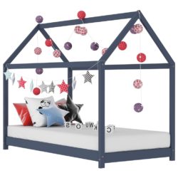 Children's Dark Grey Solid Pine Wood Bed with Canopy Frame