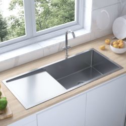 Stainless Steel Modern Large Kitchen Sink with Draining Board - Silver or Black