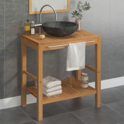 Solid Teak Wooden Vanity Unit with Round Marble Sink - Black or Cream Basin