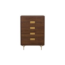 Olivier Luxury Wooden Chest of 5 Drawers in Walnut Finish with Copper Handles & Legs