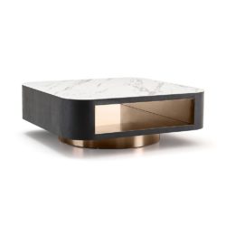 Blythe Luxury Modern Square Coffee Table in Dark Oak Wood, Gold & White Marble