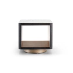 Blythe Luxury Modern Cube Lamp Table in Dark Oak Wood, Gold & White Marble