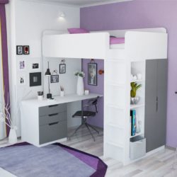 Gabriel High Sleeper Kids Bedroom Furniture Set - White & Grey with Wardrobe, Desk & Chest of Drawers