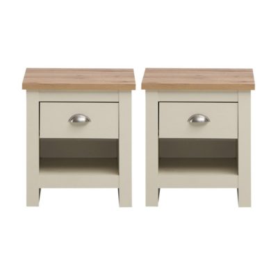 Pair of Cream Bedside Tables with Wooden Tops & Single Drawers