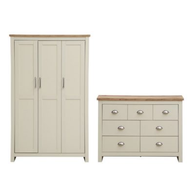 Large Cream Wardrobe and Large Chest of Drawers with Wooden Tops