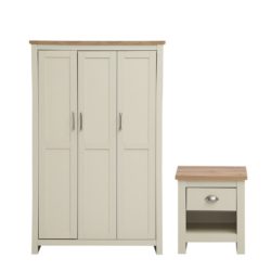 Large Cream Wardrobe and Bedside Table Set with Wooden Tops