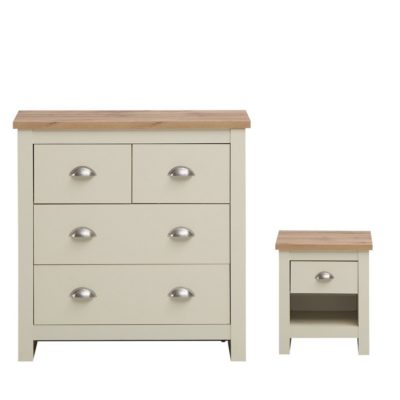 Small Cream Chest of Drawers and Bedside Table with Wooden Tops