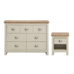Large Cream Chest of Drawers and Bedside Table with Wooden Tops