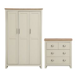 Large Cream Wardrobe and Chest of Drawers Set with Wooden Tops