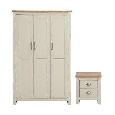 Lindsay Cream & Oak Wood Bedroom Set with Triple Wardrobe & 2 Drawer Bedside Cabinet