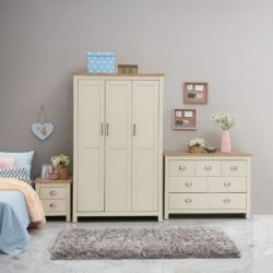 Lindsay Cream & Oak Bedroom Set with Triple Wardrobe, Large Chest of Drawers & Bedside