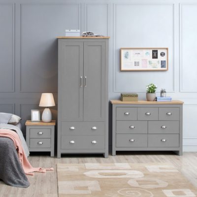 Grey Bedroom Set with Wardrobe, Large Chest of Drawers & Bedside with Wooden Tops