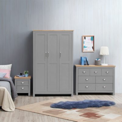 Grey Bedroom Set with Triple Wardrobe, Large Chest of Drawers & Bedside