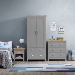Harbour Grey Bedroom Set with Double Wardrobe, Chest of Drawers & Bedside with Wood Tops