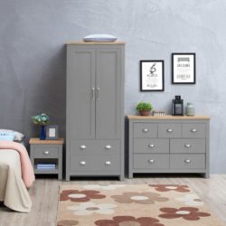 Harbour Grey Bedroom Set with Wardrobe, Large Chest of Drawers & Bedside with Wood Tops