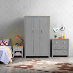 Grey Bedroom Set with Large Wardrobe, Chest of Drawers & Bedside with Wooden Tops