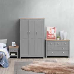 Harbour Grey Bedroom Set with Triple Wardrobe, Large Chest of Drawers & Bedside