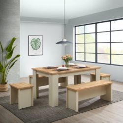 Lindsay Cream Dining Table with 2 Benches and 2 Stools with Wooden Tops