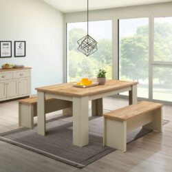 Lindsay Large Cream Dining Table and Bench Set with Wooden Tops