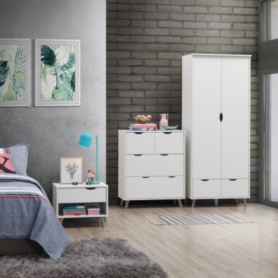 Modern White Bedroom Set with Double Wardrobe, Chest of Drawers & Bedside Table