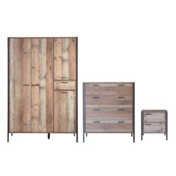 Shona Rustic Wooden Bedroom Set with Large Wardrobe, Chest of Drawers & Bedside