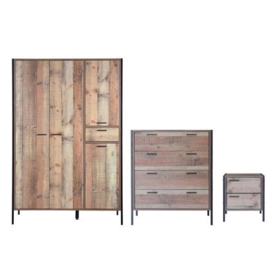 Shona Rustic Wooden Bedroom Set with Large Wardrobe, Chest of Drawers & Bedside