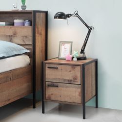 Shona Industrial Wooden Bedside Table with Drawers in Rustic Wood Oak Effect
