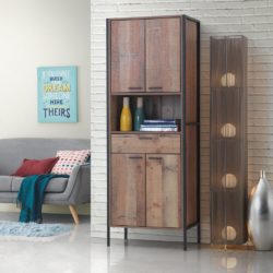 Shona Industrial Tall Wooden Cupboard Cabinet in Rustic Oak Wood Effect