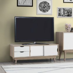 Roisin Modern Wooden TV Cabinet with Sliding Doors & Drawers in Oak & White