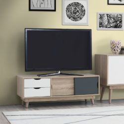 Modern Wooden TV Cabinet with Sliding Doors & Drawers in Oak, Grey & White