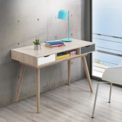 Modern Wooden Writing Desk with Drawers in Oak, Grey & White