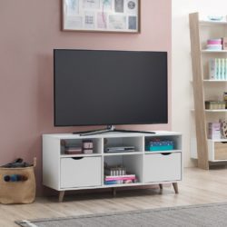 Modern White TV Cabinet with Drawers & Cut Out Handles