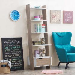 Modern Tall Ladder Bookcase Shelving Unit with Drawer in Oak Wood Effect
