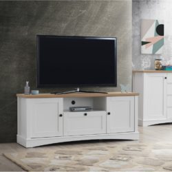 Caitlin Large White TV Cabinet with Wooden Top & Drawer