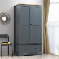Double Dark Grey Wardrobe with Drawer and Wooden Top
