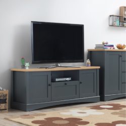 Large Dark Grey TV Cabinet with Wooden Top and Drawer