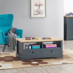 Dark Grey Coffee Table with Wooden Top and Drawers
