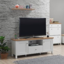 Classic Large White TV Cabinet with Wooden Top and Drawer