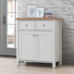 Alanna Solid Wood White Compact Sideboard Cupboard with Oak Wood Top