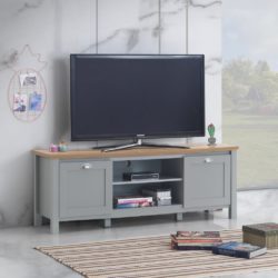 Large Light Grey TV Cabinet with Wooden Top