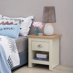 Cream Bedside Table with Wooden Top and Drawer